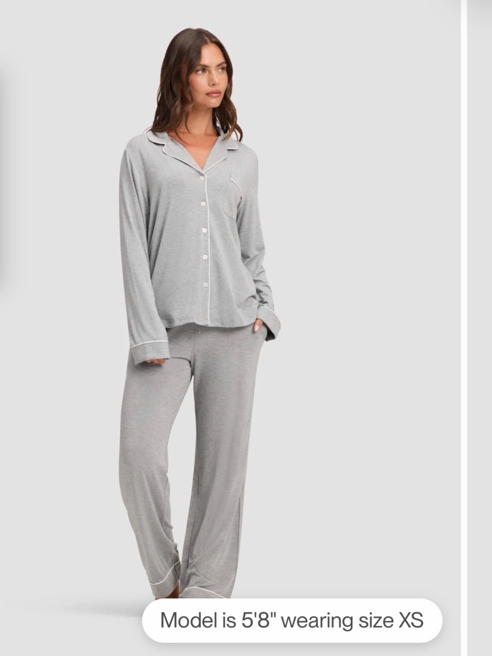 Cozy Earth Light Gray Long-Sleeve Pajama Set with Contrast Piping Tall Small
